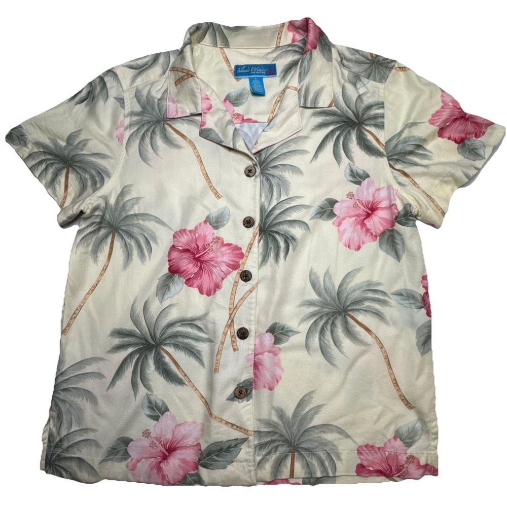 Island Winds Womens Small Tropical Hibiscus Palm Tree Rayon Camp Shirt Cream